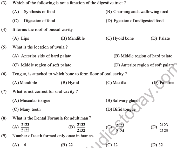 NEET Biology Digestion And Absorption MCQs Set C, Multiple Choice Questions